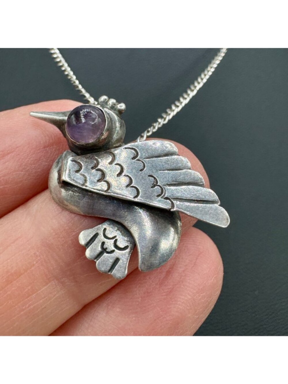 Vintage 1930s Mexican Modernist Bird Pendant Sterling w/ Amethyst Eye Signed ER - Picture 2 of 9